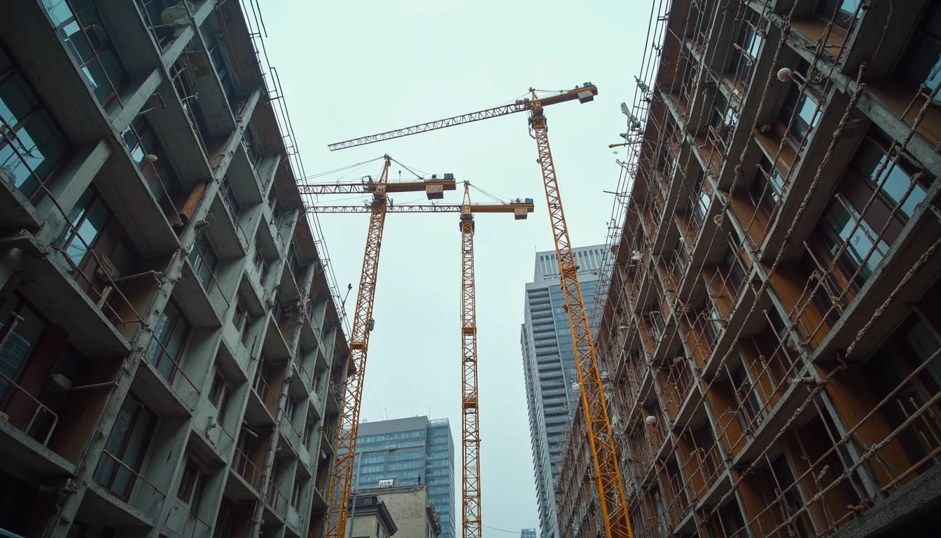 Looking up between two unfinished concrete residential buildings in New York City, with three tower cranes overhead.