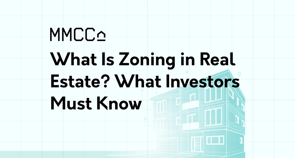 A line drawing of a three-storey house on a blueprint grid, with the words "What Is Zoning in Real Estate? What Investors Must Know" set over it.